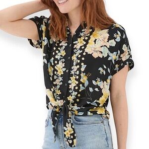 Fat Face Black Floral Tie-Front Blouse with Yellow & Pale Blue Flowers